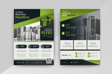 Broşür, Yıllık Rapor, Dergi, Poster, Kurumsal Sunum, Portföy, Flyer, Market için soyut Geometrik İş Şablonu, A4 yeşil renkli bilgi, ön ve arka