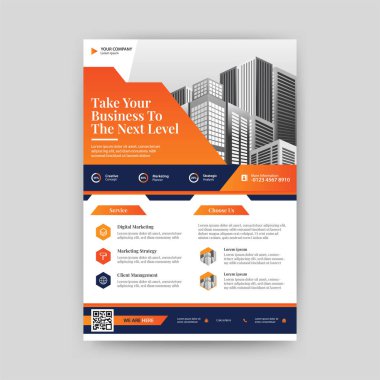Modern ve Şık Flyer, standart A4 ölçüsünde, turuncu ve mavi renkler kullanıma hazır. Vektör Eps - 10