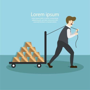 Adamlar altın dolu el arabalarını çekiyorlar. İş ve takım çalışması konsepti. Sunumun için mükemmel. Vektör İllüstrasyonu