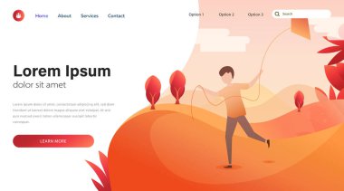 Gün batımında elinde uçurtmayla koşan mutlu bir çocuğun çizim vektör grafiği. Banner, site, poster şablonu, web sitesi, iniş sayfası, sunum şablonları, bilgi grafikleri için mükemmel.