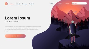 Gün batımında yaz dağlarında bir uçurumun tepesinde duran genç erkeklerin çizim vektörü. Banner, site, poster şablonu, web sitesi, iniş sayfası için mükemmel