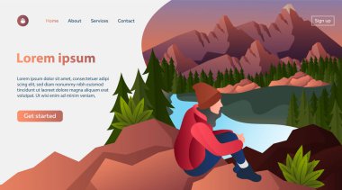 Gün batımında yaz dağlarında uçurumun tepesinde oturan genç kadınların çizim vektörü. Banner, site, poster şablonu, web sitesi, iniş sayfası, sunum şablonları için mükemmel,