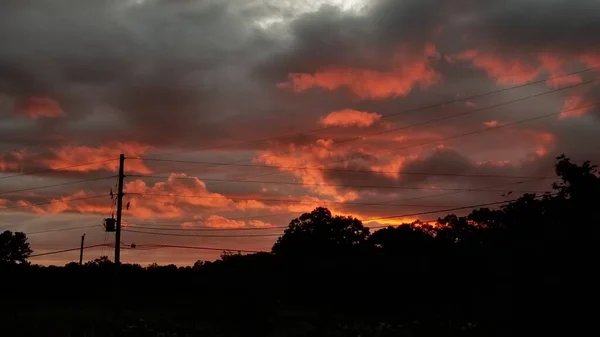 Georgia Sunset Deep Orange Hues Set Grey Clouds Power Lines — Stock Photo, Image