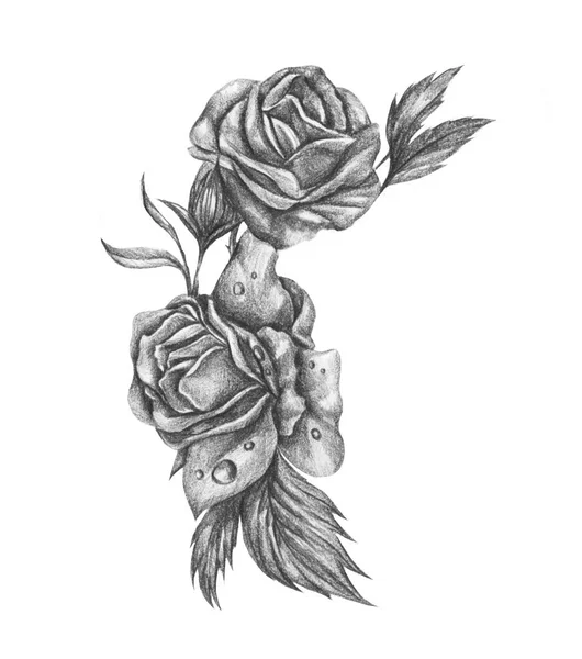 花束玫瑰复古风格 用铅笔创作 印刷诱惑或纹身 可用于装饰您的诱惑力和打印纸 海报等 — 图库照片