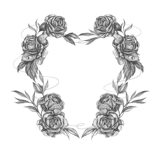 Цветок Розы Обрамляет Форму Сердца Линию Текущую Вокруг Создать Карандаша — стоковое фото