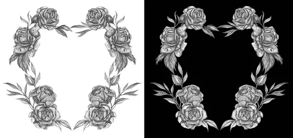 Rose Flower Frame Heart Shape Design Create Pencil Hand Drawing — Stock Photo, Image