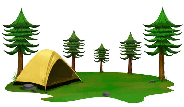 黄色のテントは ファブリックのシートで構成される避難所です 森の中でエキゾチックなスタイルで 白い背景に 絵画イラスト — ストック写真