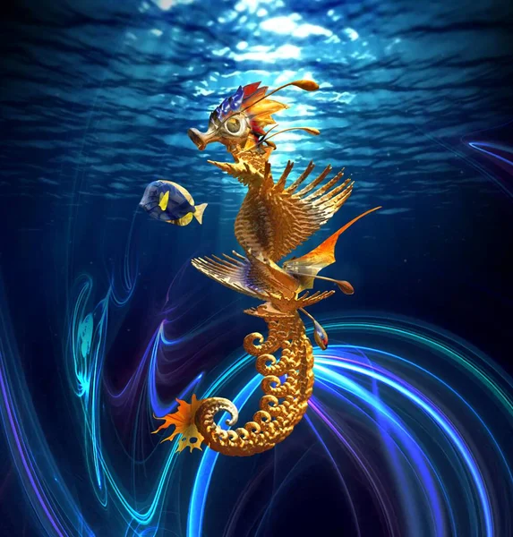 Fairy tale illustrations. Golden seahorse.