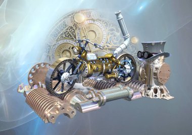 Aksesuarlı bir motosiklet için Steampunk garajı