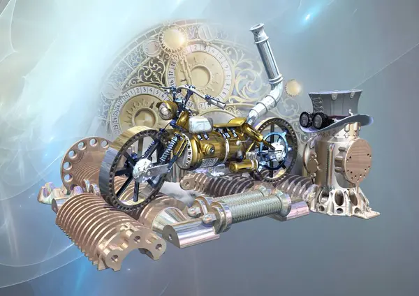 Aksesuarlı bir motosiklet için Steampunk garajı