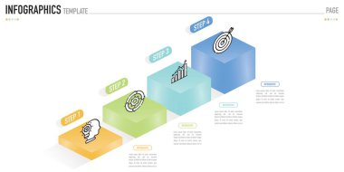 4 adım, süreç, seçenek, renkli 3D küp, dikdörtgen, kutu, merdiven, kare, origami, satılık simgeler içeren bir vektör veya öge olarak Isometric bilgi şablonu veya ögesi, asgari modern slayt