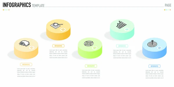 Dairesel 3D izometrik bilgi şablonu veya ögesi, 5 adım, süreç, seçenek, renkli sütun, satılık simgeler, minimal, modern tarz, beyaz arkaplan, origami, piramit, huni, çubuk