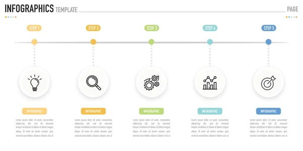 İş için beyaz arkaplanda 5 adım, süreç, seçenek, renkli etiket, daire, dairesel ve simgeler, satış slaytı, asılacak en küçük, basit, modern biçime sahip bir vektör olarak bilgi şablonu veya ögesi