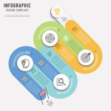 Yol, yol haritası, yarış pisti bilgi şablonu veya ögesi 7 adım, süreç, seçenek, renkli yuvarlak ok, iş için dikdörtgen ve simgeler, satış slaytı, modern, 3D, minimal biçim, huni
