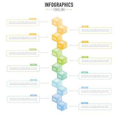 Zaman çizelgesi veya zihin haritası 12 ay adım, renkli kutu, dikdörtgen tabaka, huni, dikdörtgen, simgeler, origami, takvim, slayt için 1 yıl planlayıcı, minimal basit biçim, ince çizgi