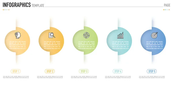 Origami dairesel bilgi şablonu veya ögesi 5 adım, süreç, seçenek, renkli daire, kağıt kesiği origami, simgeler, gradyan renk, sütun, satılık huni, minimal modern biçim