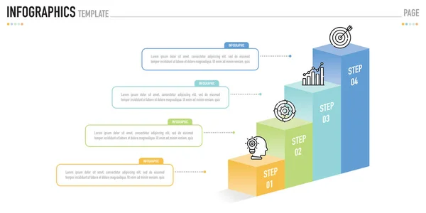 4 adım, süreç, seçenek, renkli 3D dikdörtgen, simgeler, ince çizgi, sütun, bar, piramit, küp, satılık kare, modern biçim içeren bir vektör olarak dikdörtgen izometrik bilgi şablonu veya ögesi