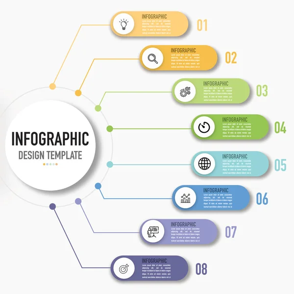 Zihin haritası bilgi iş şablonu veya ögesi 8 adım, süreç, seçenek, renkli yuvarlak dikdörtgen ve satılık ikonlar, eğitim slaytı veya sunumu, basit, minimal, modern tarzı olan bir vektör olarak