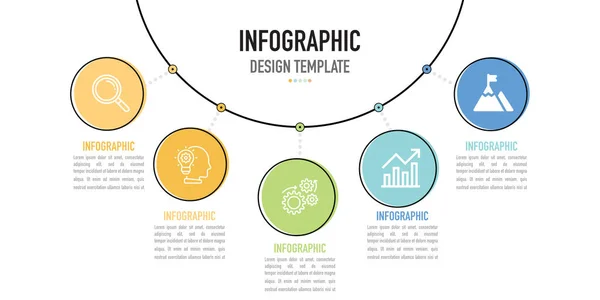 5 bağlantılı adım, süreç, seçenek, renkli çember ve simge içeren yarı dairesel zihin haritası bilgi şablonu veya ögesi iş için beyaz arkaplan, satış sunumu veya slayt, modern, minimal