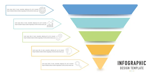 5 bağlantılı adım, süreç, renkli katman ve simgelere sahip huni veya piramit bilgi şablonu veya ögesi iş için beyaz arkaplan, satış slaytı veya sunumlar, minimal, modern biçim, 3D