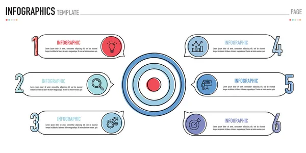 Slayt veya sunum için beyaz arkaplan üzerinde renkli daire etiketleri ve simgeleri olan 6 adım, süreç, zihin haritası hedef iş şablonu veya ögesi, basit, minimal, modern biçim