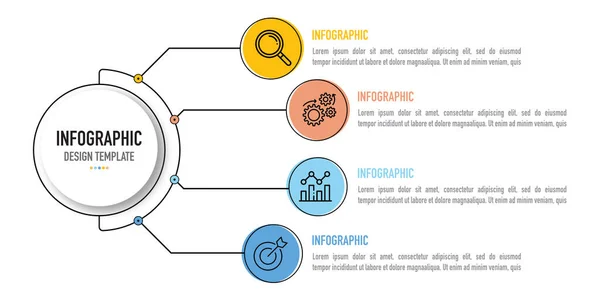 Bilgi işi şablonu veya ögesi, beyaz arkaplan üzerinde renkli daire etiketi ve simgeleri olan 4 adım veya süreci içeren bir vektör olarak, slayt sunumu için, minimal, modern, basit biçim, çizgi