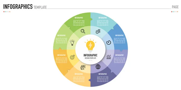 Beyaz arkaplan ve renkli etiket ve simgeler üzerinde 8 bağlantılı bir vektör olarak dairesel bilgi iş şablonu veya ögesi sunum için minimal, modern veya basit