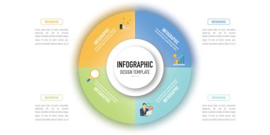 Beyaz arkaplan ve renkli çember ve simgeler üzerinde 4 adım, süreç, seçenek, basit, modern, minimal biçim sunumu için bir vektör olarak dairesel bilgi iş şablonu veya ögesi
