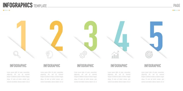 Renkli sayı etiketi ve beyaz arkaplan üzerindeki simgeleri içeren bir vektör olarak bilgi işi şablonu veya 5 adım ögesi, hedef için basit ve minimal biçim araştırması veya sunum ana hatları için başarı