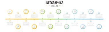 Bir vektör olarak bilgi zaman çizelgesi şablonu, beyaz arkaplan üzerindeki takvim veya planlayıcı için renkli çember şekli ve simgelerle her yıl 12 aya sahiptir, iş sunumu için basit ve minimal biçime sahiptir