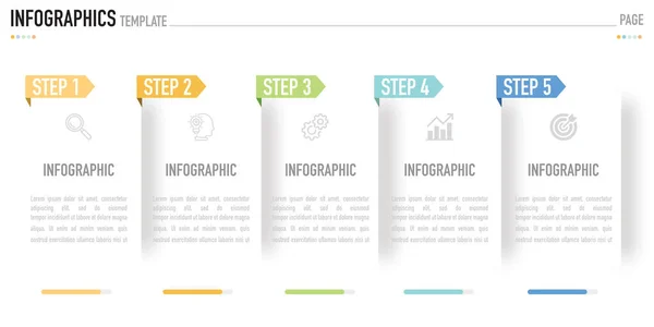 Bir vektör olarak bilgi şablonu, iş sunumu için beyaz arkaplan üzerinde simgeler ve renkli etiketlerle 5 adım veya süreçten oluşur, araştırmadan hedefe, basit ve asgari biçimde, gölgeli