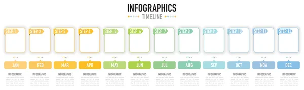 Bilgisel zaman çizelgesi 12 ay veya yıllık şablon bir vektör olarak, boş dikdörtgenler ve 12 adımla, beyaz arkaplan üzerinde renkli etiketler, planlayıcı zamanlama veya takvim için, basit, minimal