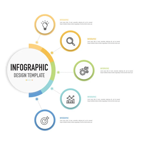 Stock vector Circular mind map infographic template or element with 5 step, process, option, colorful 3D circle, tag, button, bar, thin line, icons, label for sale slide, brochure, flowchart, internet, banner, web