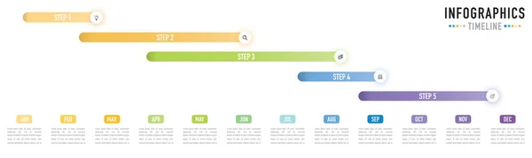 5 adım, süreç, seçenek, renkli çubuk, simgeler, çember, düğme, çubuk, dikdörtgen, etiket, satılık slayt planlayıcısı için kağıt origami ile Gantt grafik zaman çizelgesi 12 aylık bilgi şablonu veya ögesi