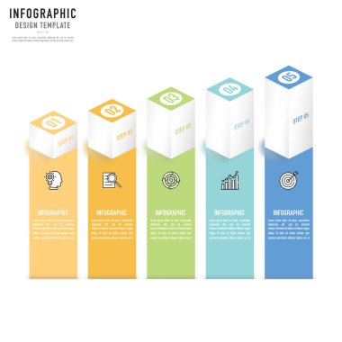 5 adım, süreç, seçenek, renkli 3D dikdörtgen, bar, kare, düğme, çember, ikonlar, sayı, kağıt origami, satılık resim etiketi, akış şeması,