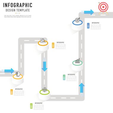 5 adım, süreç, seçenek, renkli 3D çember, bar, hedef, dart tahtası, sütun, simge, sahne, etiket, modern satış biçimi, iş akışı