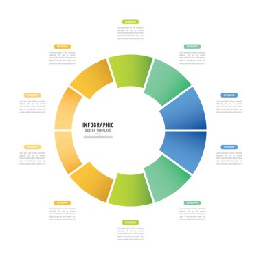 Dairesel bilgi şablonu veya ögesi 10 adım, süreç, seçenek, renkli daire, pasta, pizza, kağıt origami, etiket, dikdörtgen, poster, satış slaytı, akış şeması, iş akışı için minimal, modern biçim