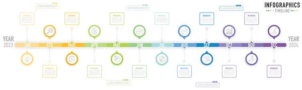 12 ay, adım, süreç, 2023 'ten 2024' e kadar seçenekli zaman çizgisi zihin haritası bilgi şablonu veya ögesi, renkli çember, iğne, etiket, dikdörtgen, seyahat, planlayıcı için gezinme, satış slaytı, takvim