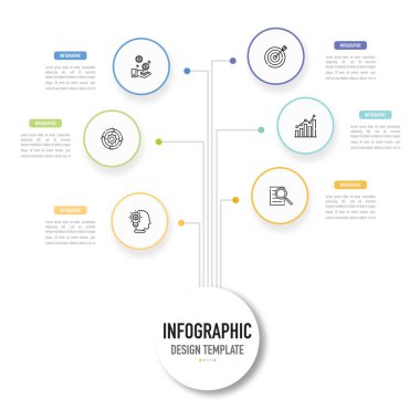 Dairesel zihin haritası bilgi şablonu veya ögesi 6 adım, süreç, seçenek, renkli çember, simgeler, etiket, ince çizgi, kağıt origami, poster için en az, modern biçim, satış slaytı, akış şeması, web