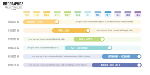 Stock vector Gantt chart timeline 12 months infographic template or element with 6 project, process, step, option, colorful bar, arrow, minimal, modern style for sale slide, planner, workflow, roadmap, web