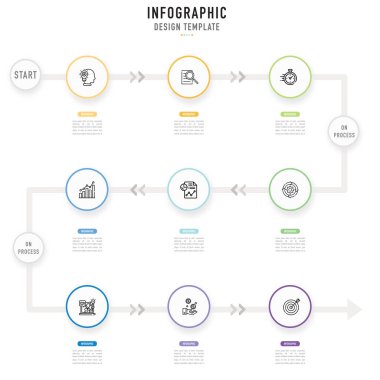 Dairesel yol haritası bilgi şablonu veya ögesi 9 adım, süreç, seçenek, renkli çember, düğme, seyahat, ok, satılık asgari biçim, flaş, ajanda, program, çalışma akışı, web