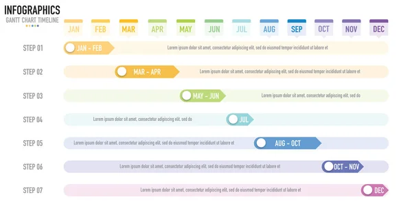 12 ay, 7 adım, süreç, seçenek, renkli çubuk, ok, etiket, dikdörtgen satılık slayt, proje, akış şeması, iş akışı, ajanda, planlama zamanlaması içeren Gantt çizelgesi zaman çizelgesi bilgi şablonu veya ögesi