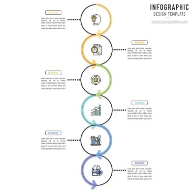 Dairesel doğrusal bilgi şablonu veya ögesi 6 adım, süreç, seçenek, renkli bağlı çember, etiket, gölge, asgari satılık biçim, ajanda, zamanlama, akış şeması, iş akışı, takvim