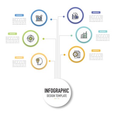 Dairesel zihin haritası bilgi şablonu veya ögesi 6 adım, süreç, seçenek, renkli daire, dikdörtgen, etiket, simgeler, düğme, ince çizgi, satılık slayt, akış şeması, iş akışı için minimal, modern biçim