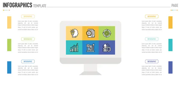6 adım, süreç, seçenek, renkli dikdörtgen, bar, sütun, ok, minimal biçim içeren dikdörtgen bilgisayar bilgi şablonu veya ögesi