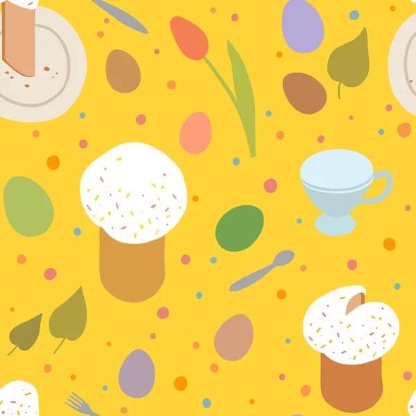Modello Pasqua Senza Cuciture Con Uova Torte Tulipani Sfondo Giallo — Foto Stock