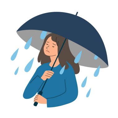 Üzgün kız şemsiye tutuyor. Şemsiyenin içinden üzerine yağmur damlaları yağar. İnsani kişisel sorun, umutsuzluk ve depresyon kavramı. Düz dikişli vektör illüstrasyonu.