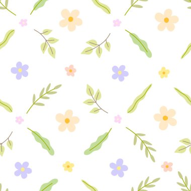 Dalları yaprakları ve çiçekleri olan kusursuz bir desen. Tekstil, duvar kağıdı, ambalaj kağıdı için düz stil deseni. Vektör illüstrasyonu.