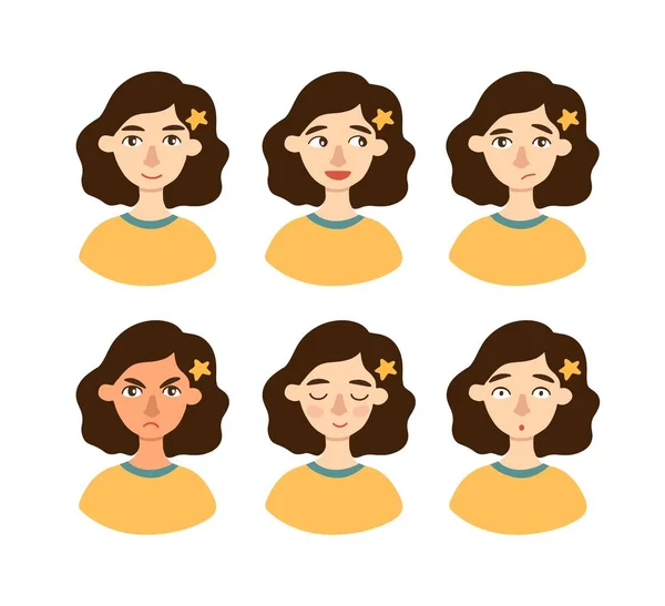 Conjunto Emociones Mujer Joven Niña Expresión Facial Diferente Chica Avatar — Vector de stock