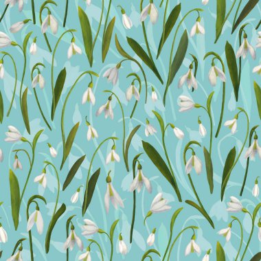 Bahar çiçeği desenli mavi arkaplanda beyaz kar damlaları. Paket, kumaş, kapak, duvar kağıdı için el çizimi çiçek arkaplanı. 